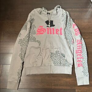Christian Audigier Gray Hoodie with Pink Script and Black Top Hat Graphic